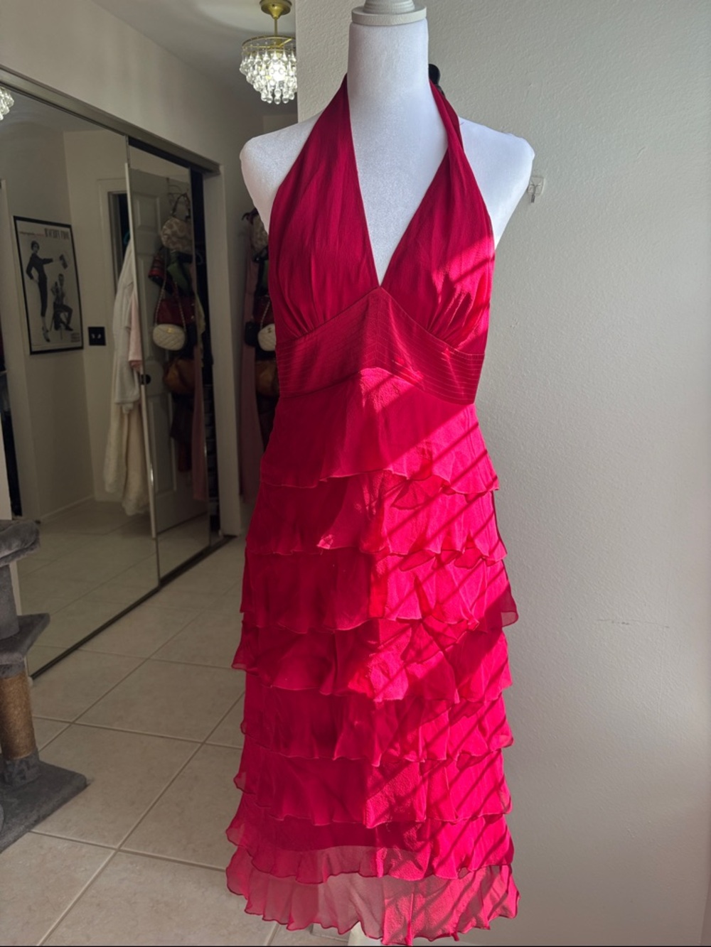 Laundry by Shelli Segal Silk Red Halter Ruffle Midi Dress